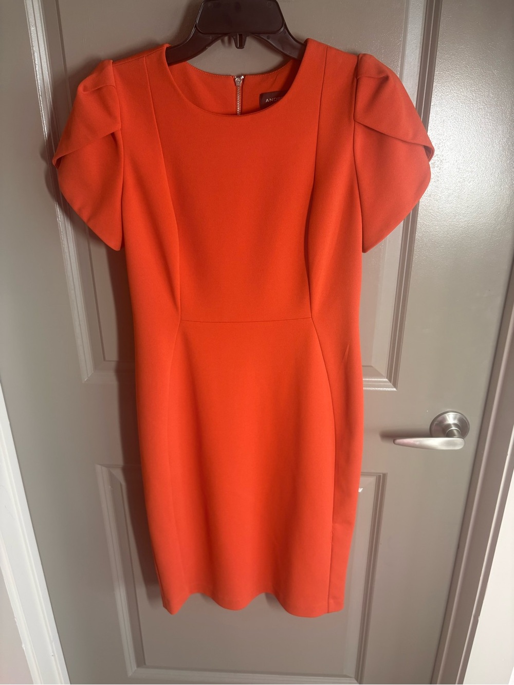 Brand New Andrew Marc Bright Orange Puff-Sleeve Midi Sheath Dress